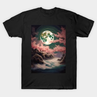 Moon Cherry Blossom Waves Japanese Landscape Vintage Art T-Shirt